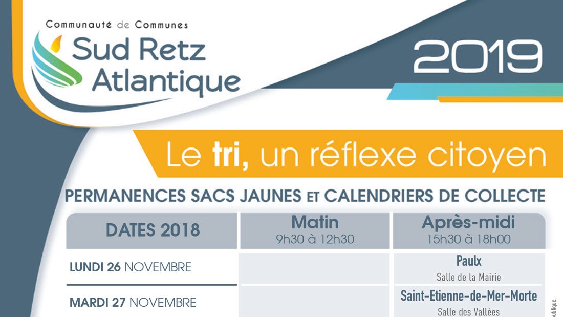 Permanences Sacs jaunes et calendriers de collecte 2019 Sud Retz Atlantique